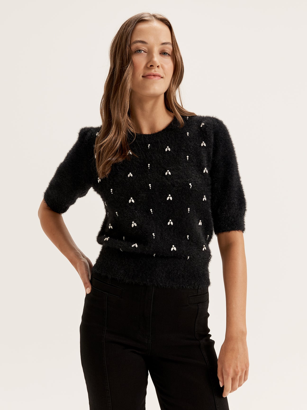 Women's Short Sleeve Knit Top with Jewel Embellishments from Review Australia
