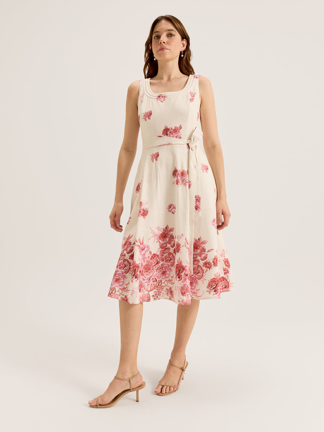 Women's Sleeveless Square Neck Midi Dress in Floral Print and with Tie Belt