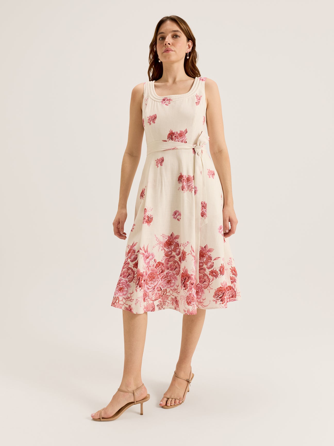 Women's Sleeveless Square Neck Midi Dress in Floral Print and with Tie Belt