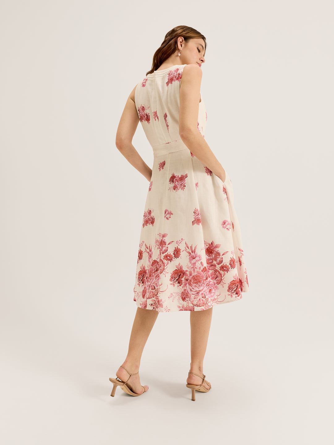 Women's Sleeveless Square Neck Midi Dress in Floral Print and with Tie Belt