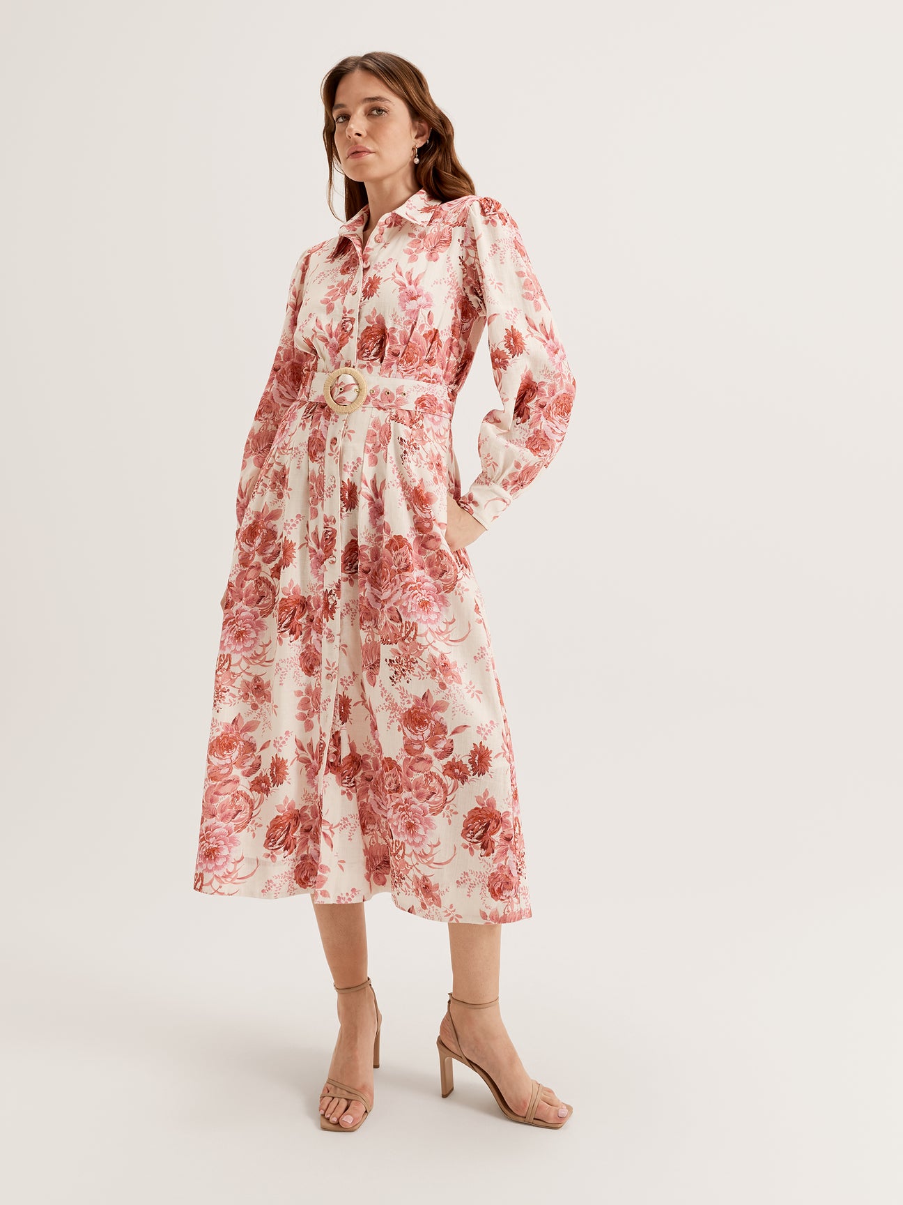 Women's Long Sleeve Midi Dress with Collar Neckline and Belt