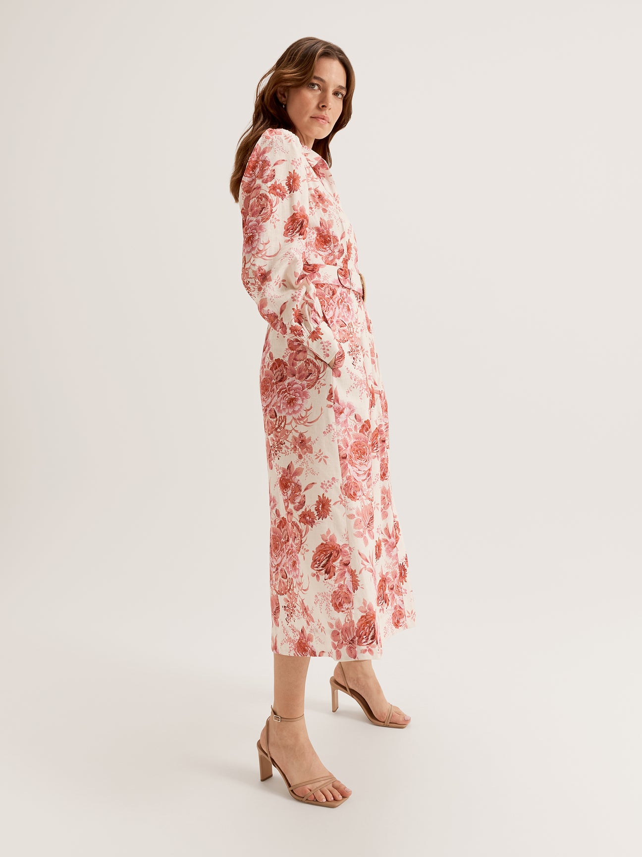 Women's Long Sleeve Midi Dress with Collar Neckline and Belt