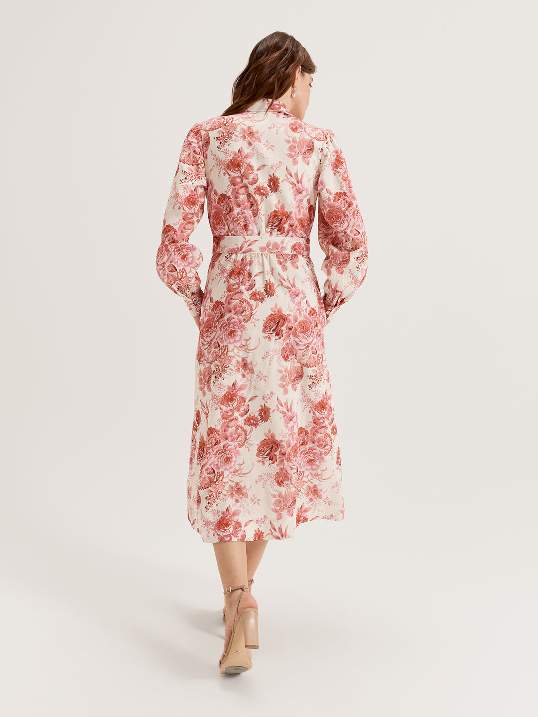 Women's Long Sleeve Midi Dress with Collar Neckline and Belt