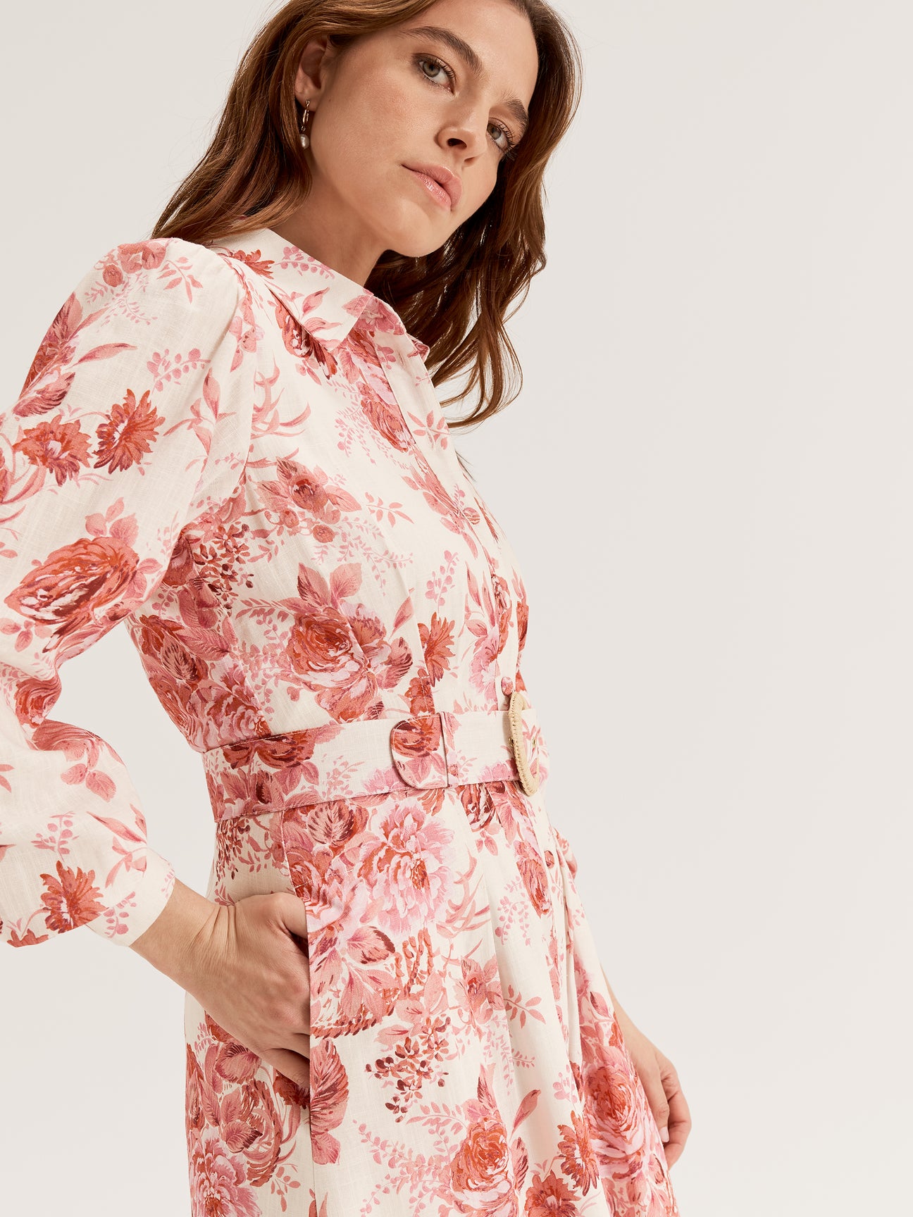 Women's Long Sleeve Midi Dress with Collar Neckline and Belt