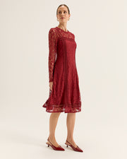 review red lace dress An ode to refined allure, this striking red lace gown embraces the silhouette with effortless sophistication. Designed with an off-the-shoulder neckline and delicate long sleeves, it balances romance and confidence in perfect