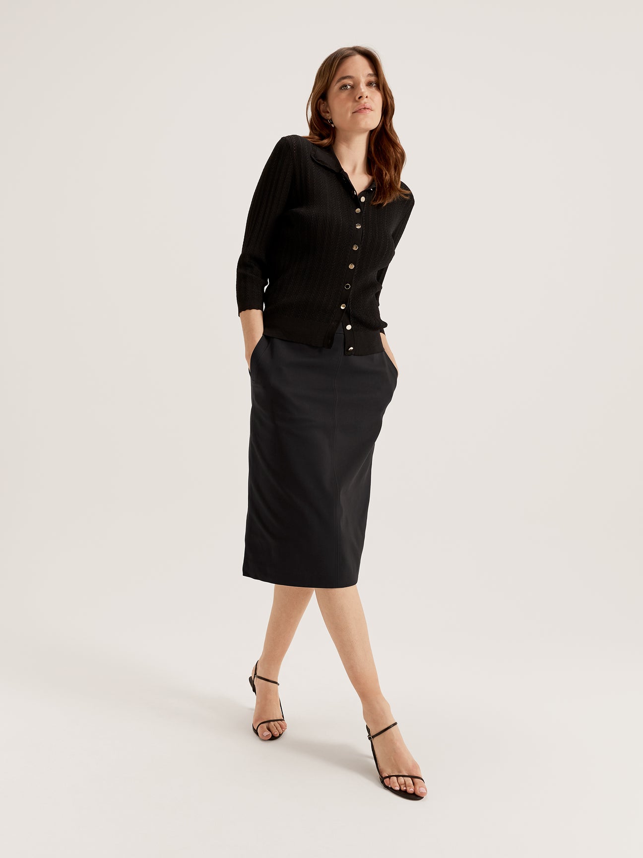 Women's Knit Collared V Neck 3/4 Sleeve Cardigan Top