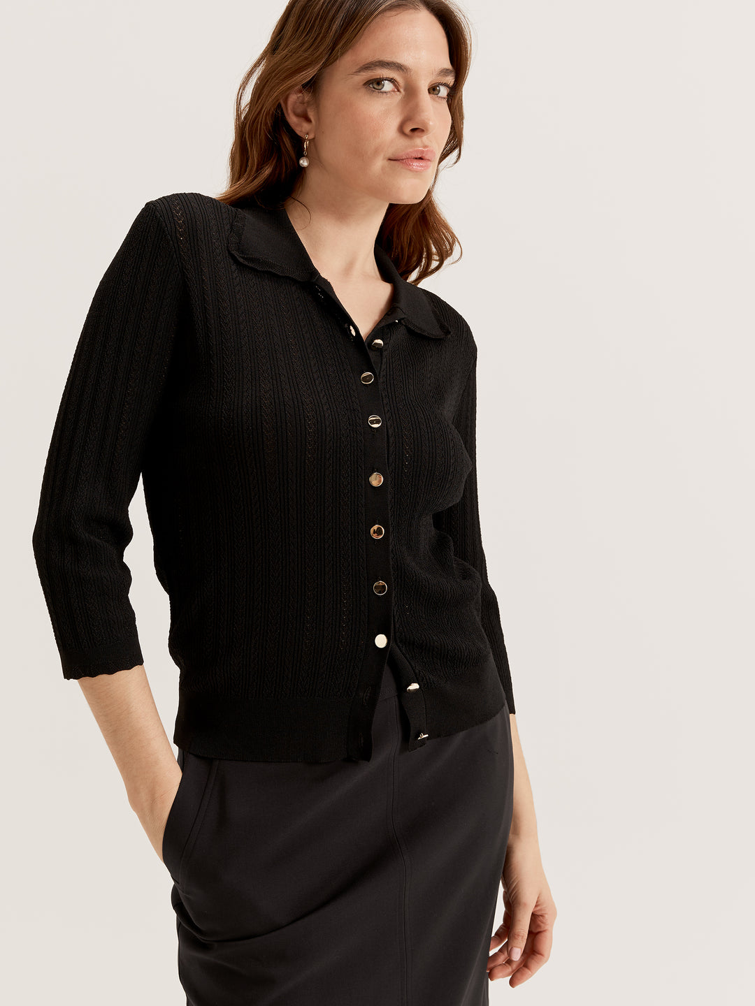 Women's Knit Collared V Neck 3/4 Sleeve Cardigan Top