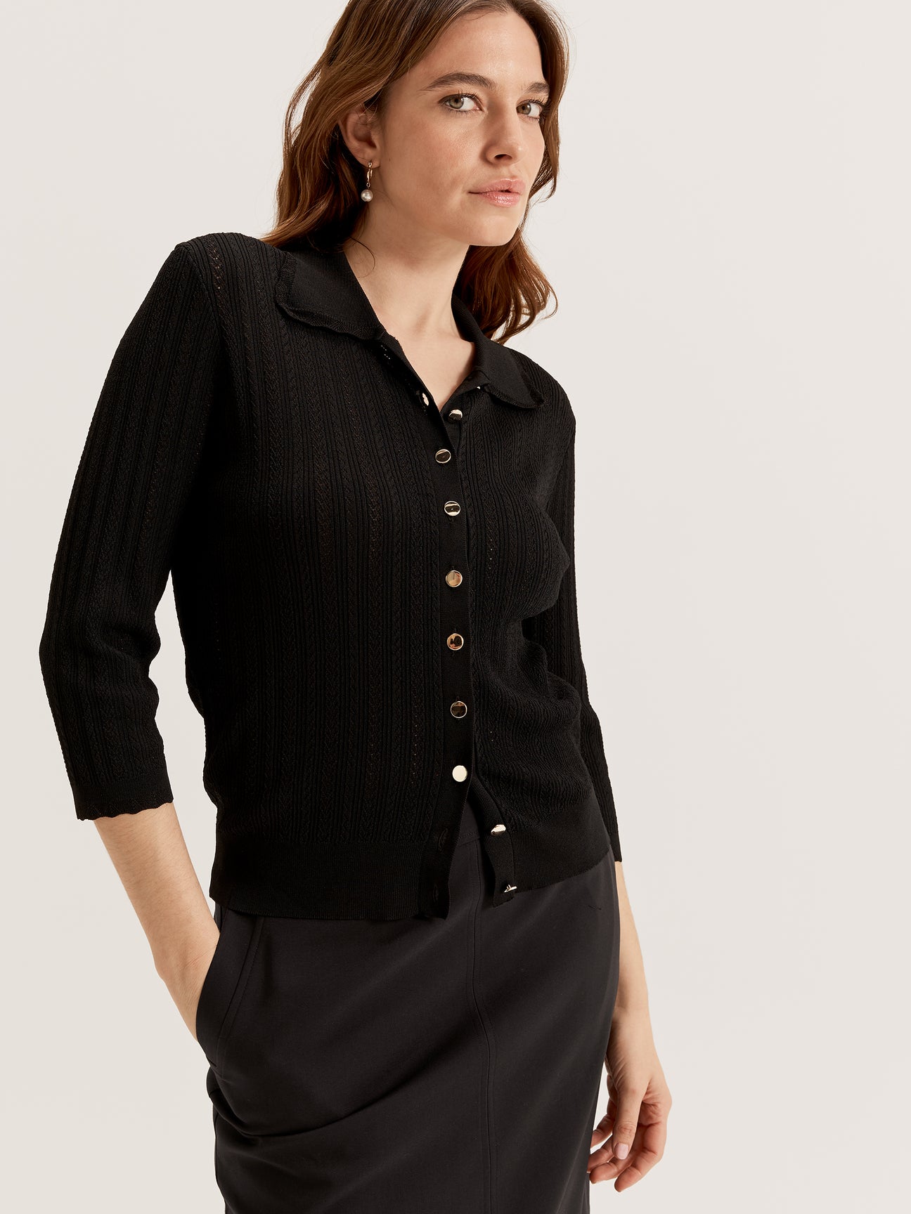 Women's Knit Collared V Neck 3/4 Sleeve Cardigan Top