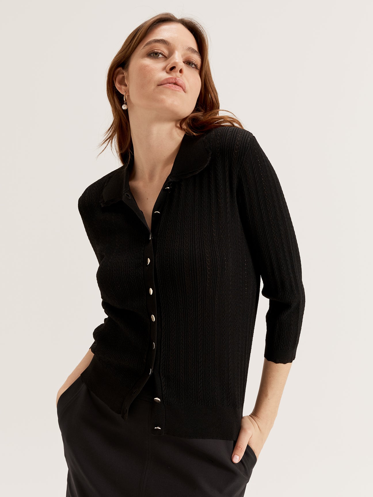 Women's Knit Collared V Neck 3/4 Sleeve Cardigan Top