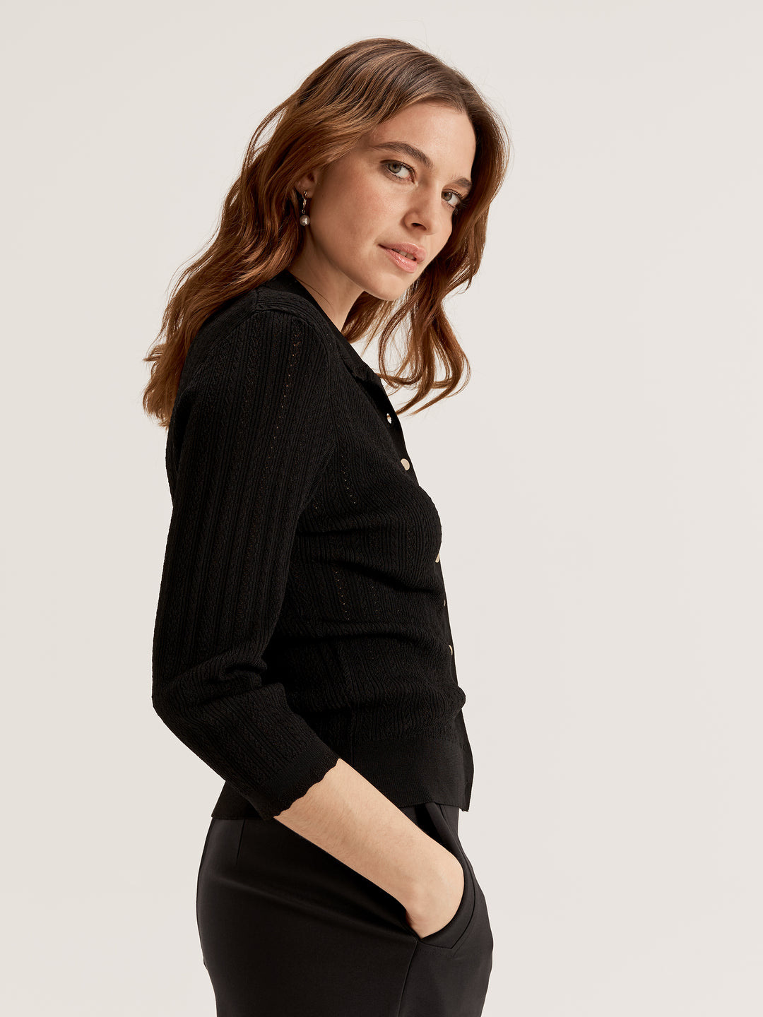 Women's Knit Collared V Neck 3/4 Sleeve Cardigan Top