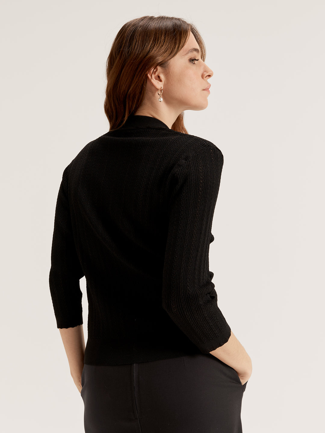 Women's Knit Collared V Neck 3/4 Sleeve Cardigan Top
