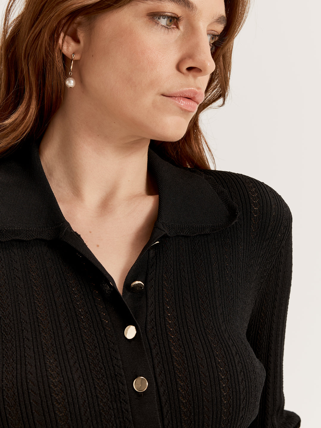 Women's Knit Collared V Neck 3/4 Sleeve Cardigan Top