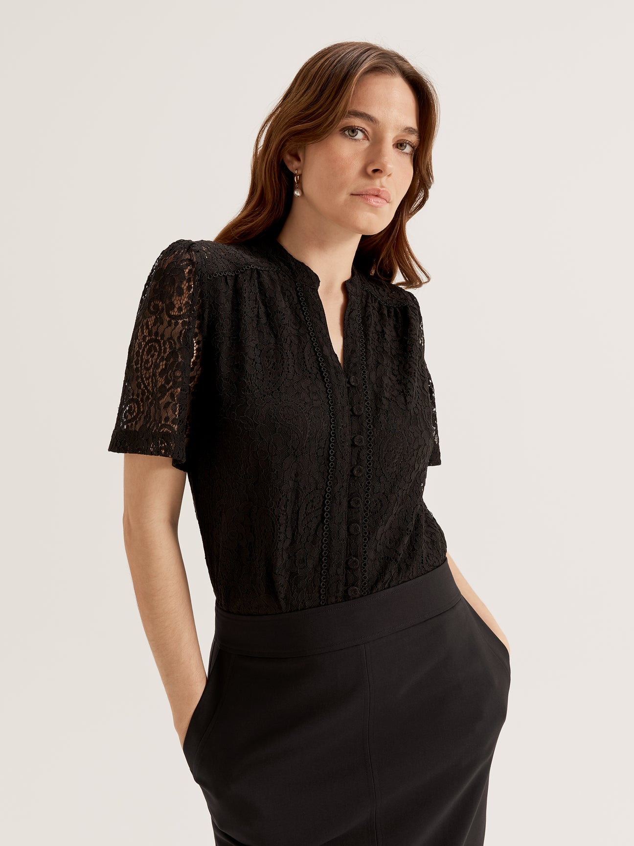 Women's High V Neck Short Sleeve Lace Blouse with Buttons