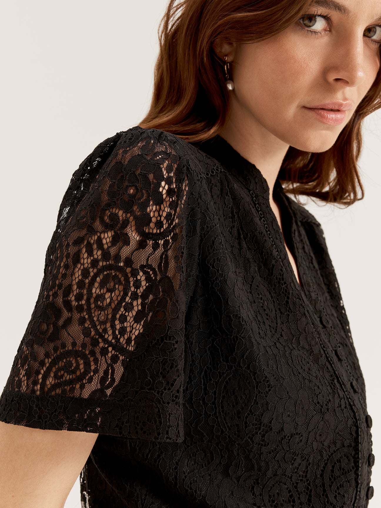 Women's High V Neck Short Sleeve Lace Blouse with Buttons