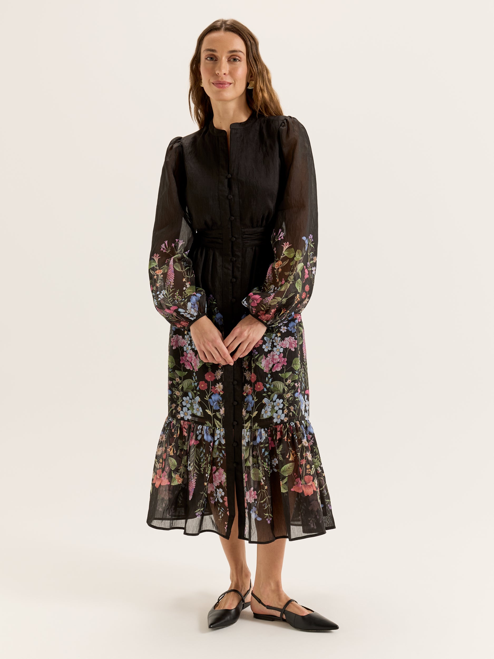 Whimsical Black Floral Midi Dress