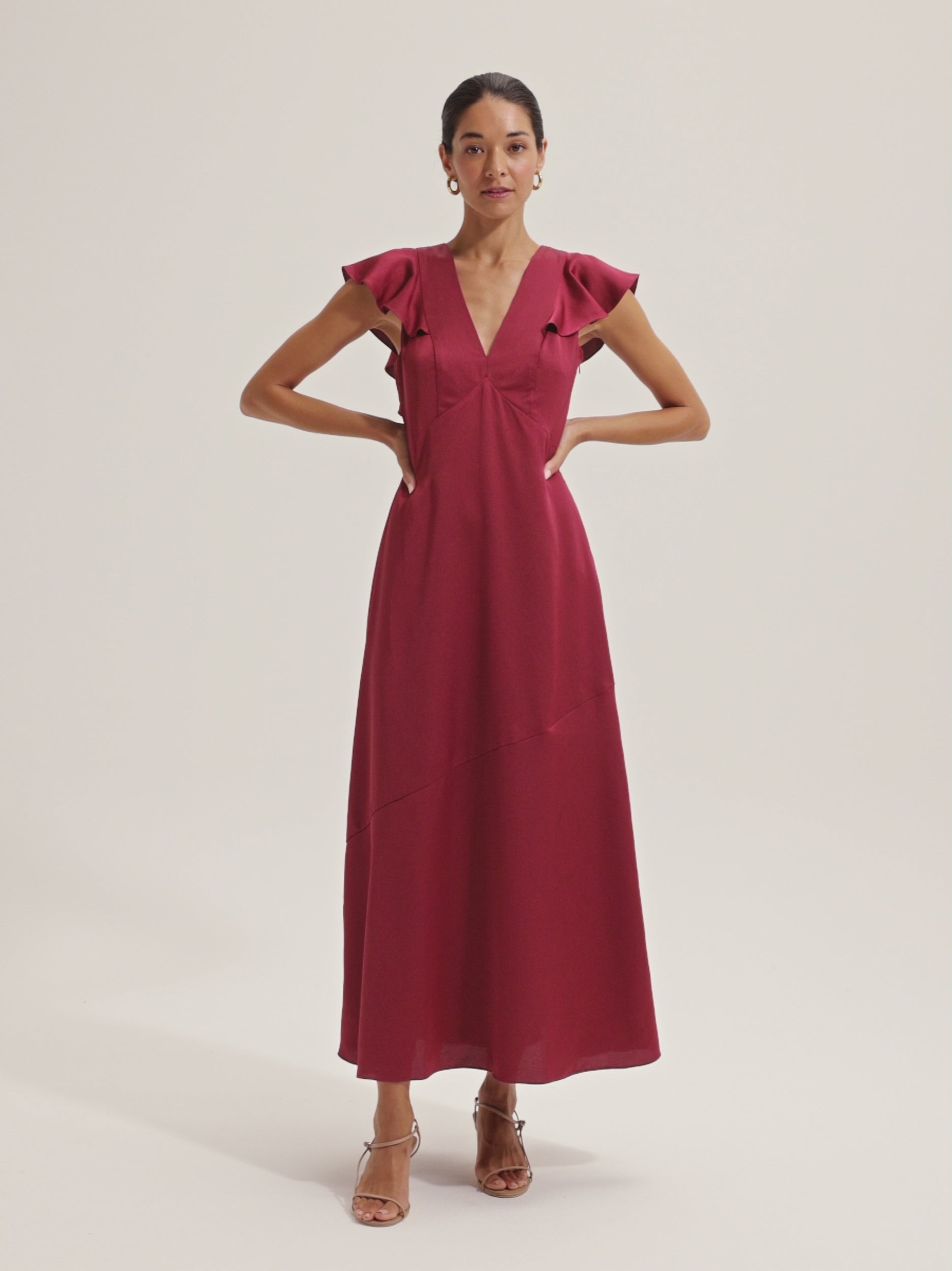 Montreal Red Flounce Sleeve Maxi Dress
