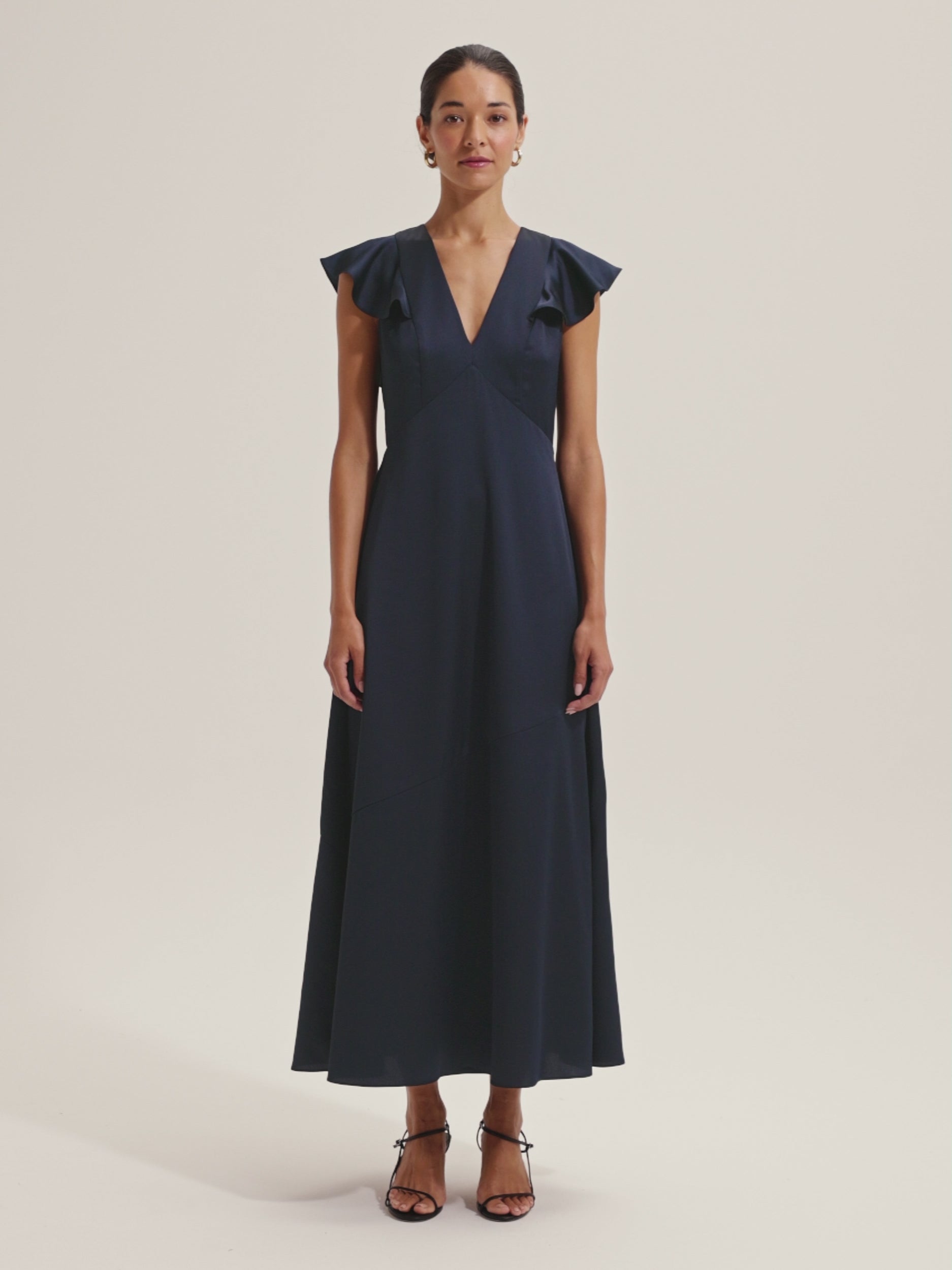 Montreal Navy Flounce Sleeve Maxi Dress